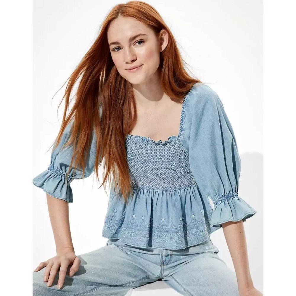 American Eagle Blue Smocked Peplum Crop Top Size Large